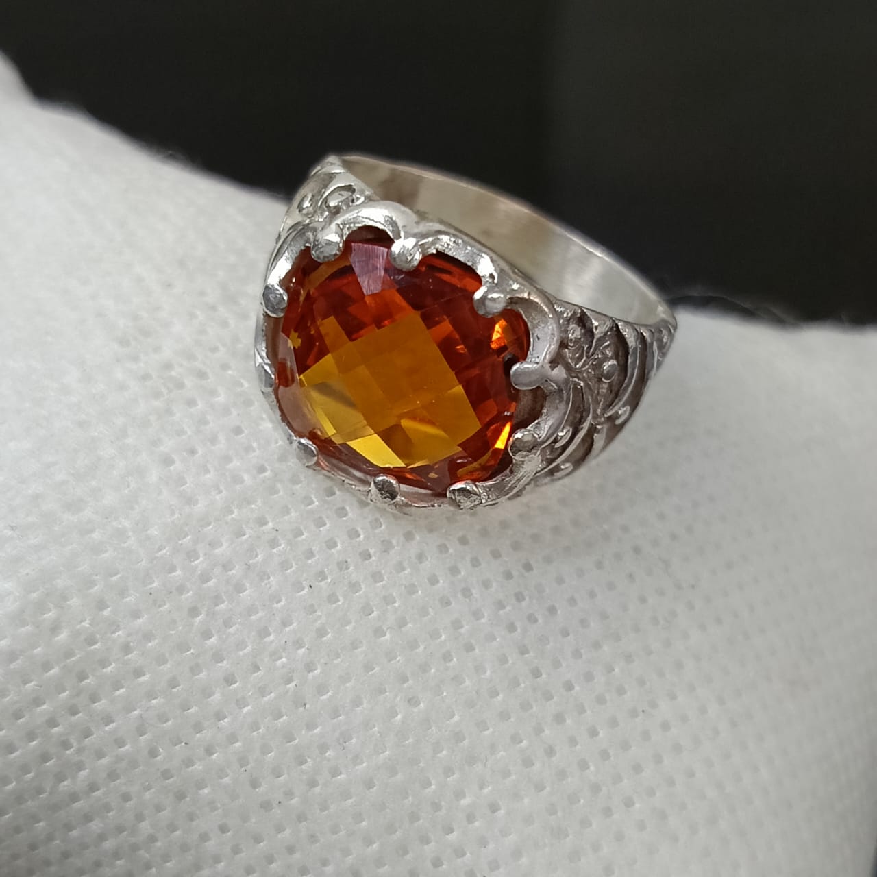 خاتم فضة تحفة بحجر سفير البرتقالي