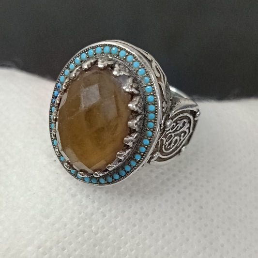 خاتم فضة تحفة بحجر عقيق عسلي ومرصع بحجر فيروز