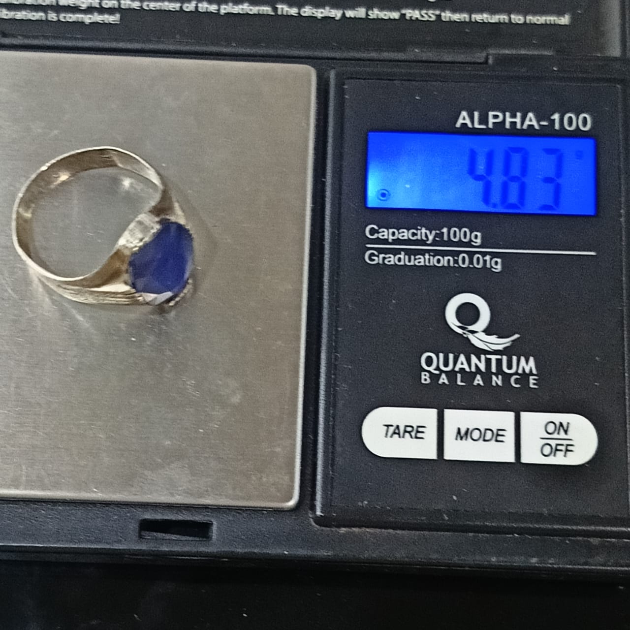 خاتم فضة بحجر سفير أزرق طبيعي