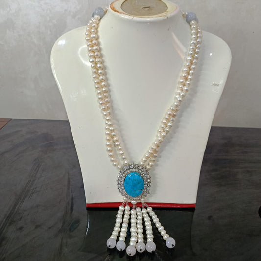 عقد تحفة لؤلؤ طبيعي وقلادة كبيرة مرصعة بحجر فيروز طبيعي وحجر قمر