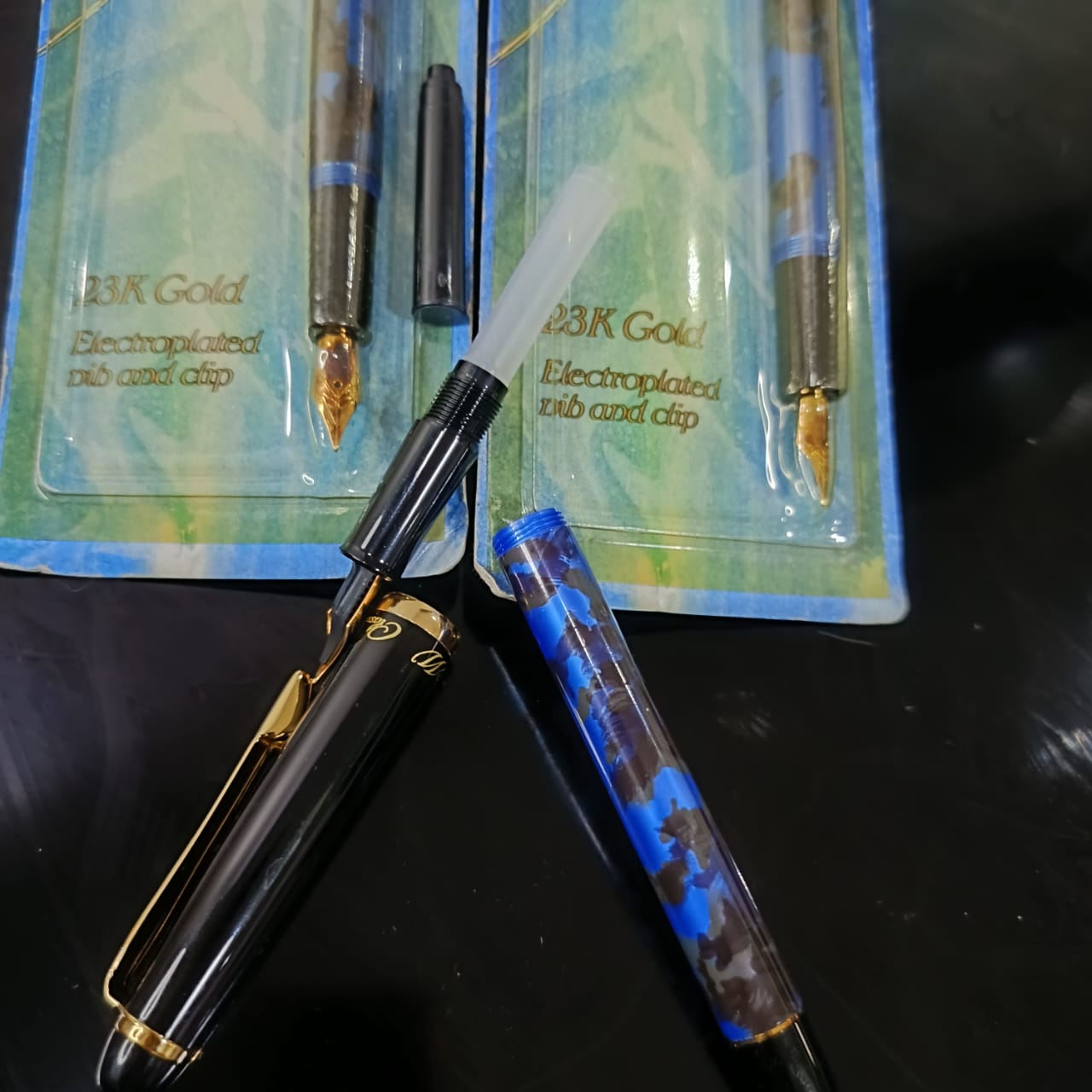 03 stylo plume plaqué or 23k neuf